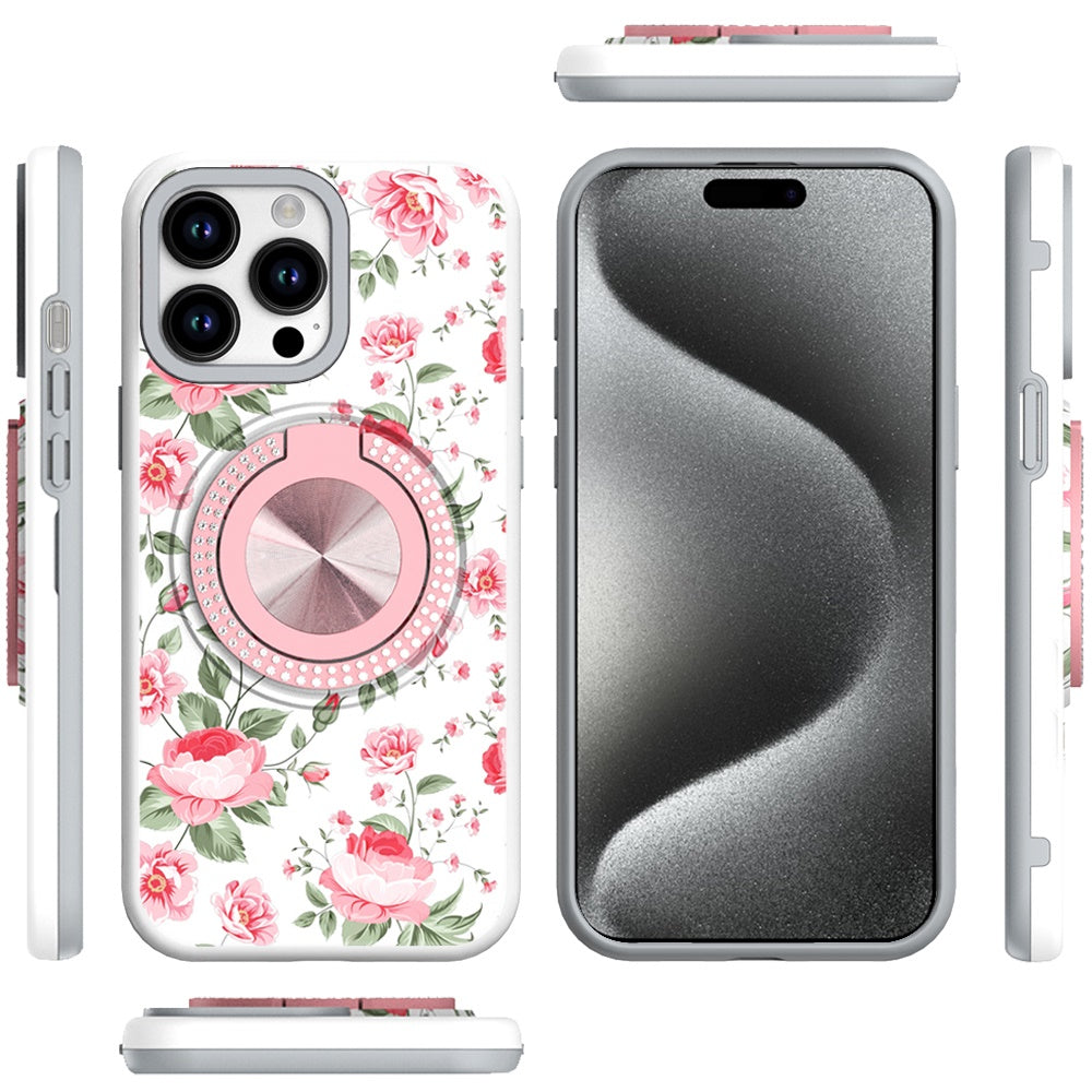 For Apple iPhone 14 /13 Pattern Design Hybrid with Invisible Ring Stand & Magnetic Back, Shockproof Protective Grip Case Cover
