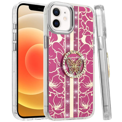 For Apple iPhone 16 Pro Max (6.9") Diamonds 3D Butterfly Floral Design Bling Sparkly Glitter Hybrid Metal Fashion with Ring Stand Case Cover