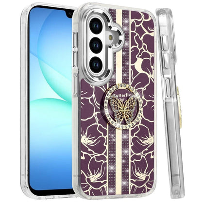Phone Case for Samsung Galaxy A17 5G Floral Butterfly Ring Stand Glitter Bling Shockproof Hybrid Luxury Fashion Protective Anti Slip Durable Grip Cover Purple
