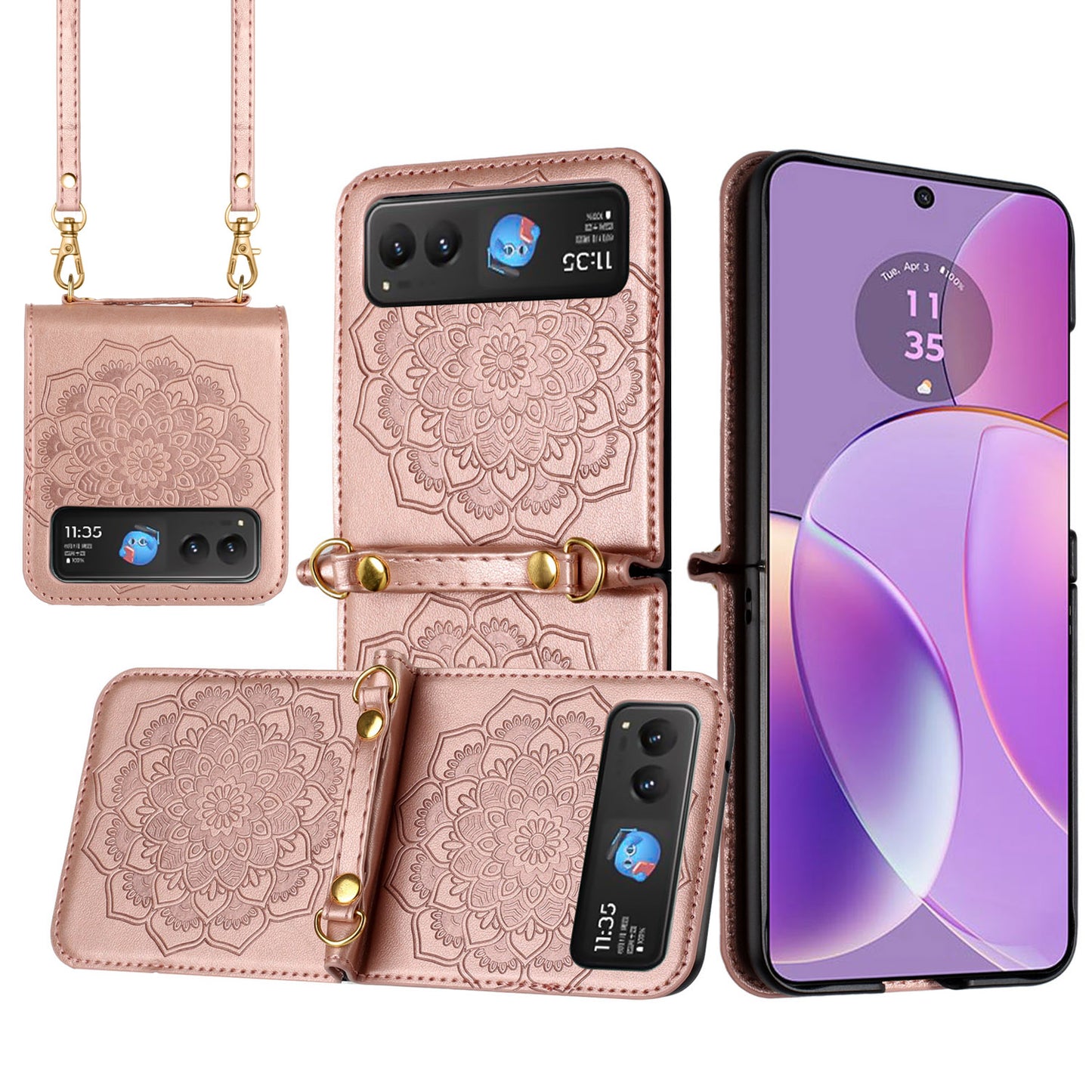 For Motorola Razr 2025 Embossed Floral PU Leather Henna Mandala Design Flip Cover with Strap, Hybrid Protective Case Cover