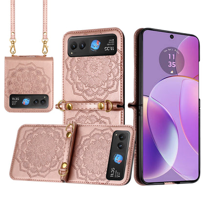 For Motorola Razr Ultra 2025 Embossed Floral PU Leather Henna Mandala Design Flip Cover with Strap, Hybrid Protective Case Cover