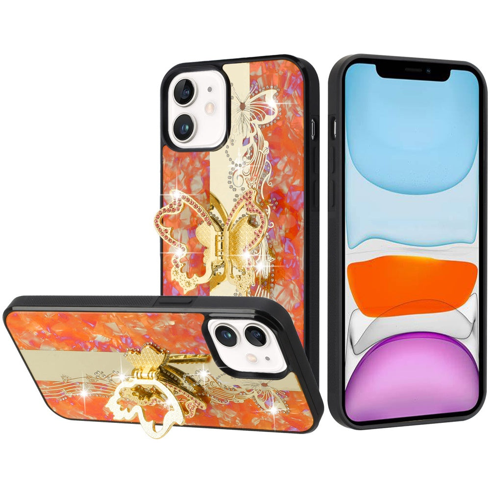 For Apple iPhone 11 Diamonds 3D Fashion Bling Sparkly Glitter Ornaments Engraving Hybrid with Ring Stand Case Cover