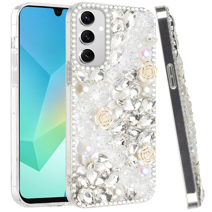 For Samsung Galaxy S26+ / S26 Plus Fashion Rose Flower Floral, 3D Bling Crystal Full Diamonds Pearl Sparkle Rhinestone Glitter Hybrid Case Cover