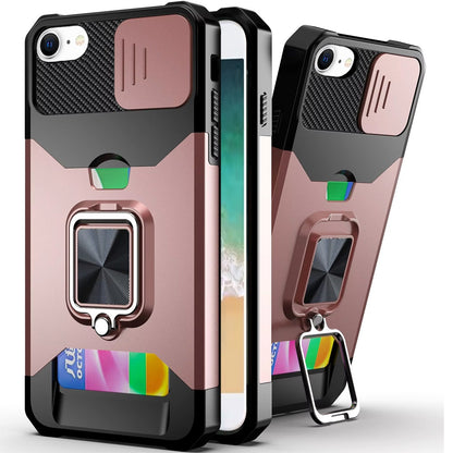 For Apple iPhone 16e Wallet Case with Ring Stand & Slide Camera Cover Back Credit Card Slot Holder, Military Grade Case Cover Rose Gold