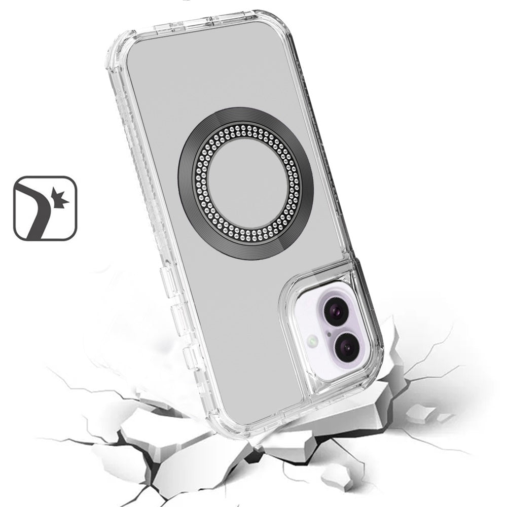 For Apple iPhone 16 Plus Magnetic Circle Compatible with Magsafe, Hybrid Chrome 3in1 Transparent Shockproof TPU Bumper Case Cover Clear