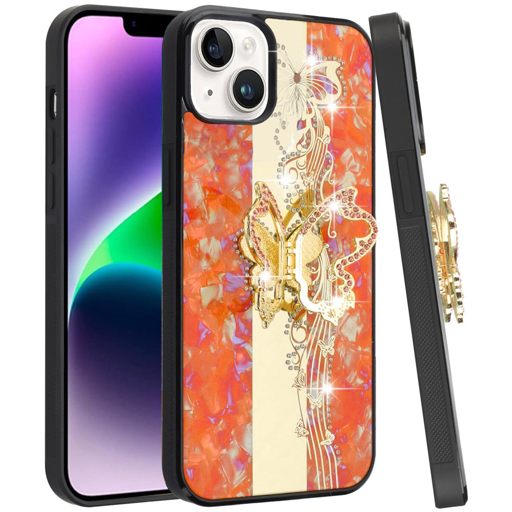 Phone Case for Apple iPhone 14/13 Diamond 3D Fashion Floral Glitter Engraved Luxury Bling Hybrid Shockproof Chrome Edge Protective Grip Cover Enchanted Butterfly Cosmic Orange
