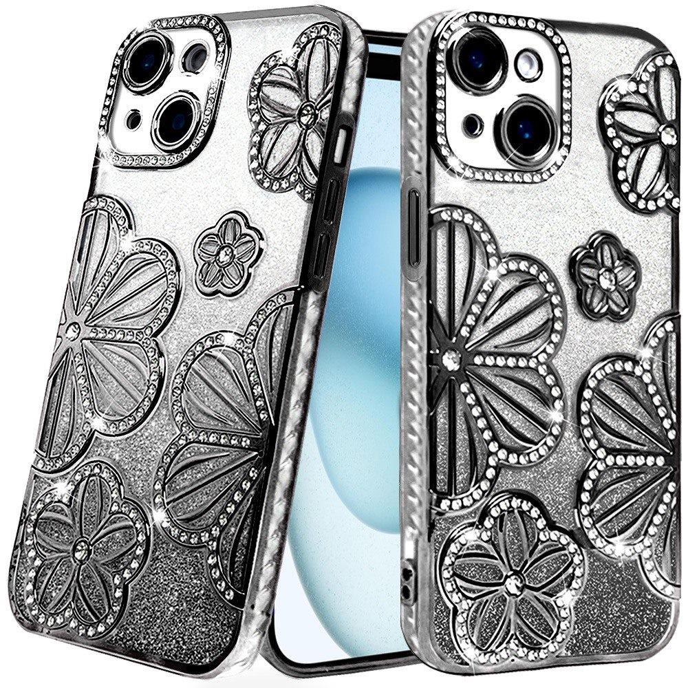 Phone Case for Apple iPhone 15 Plus Shimmer Glitter Floral Thick TPU Shockproof Durable Grip Camera Protection Anti-Scratch Stylish Design Cover