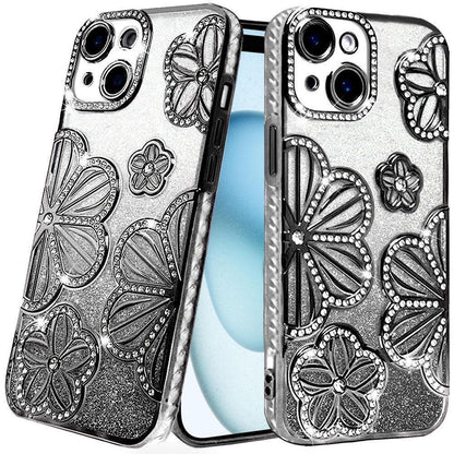 Phone Case for Apple iPhone 15 Plus Shimmer Glitter Floral Thick TPU Shockproof Durable Grip Camera Protection Anti-Scratch Stylish Design Cover