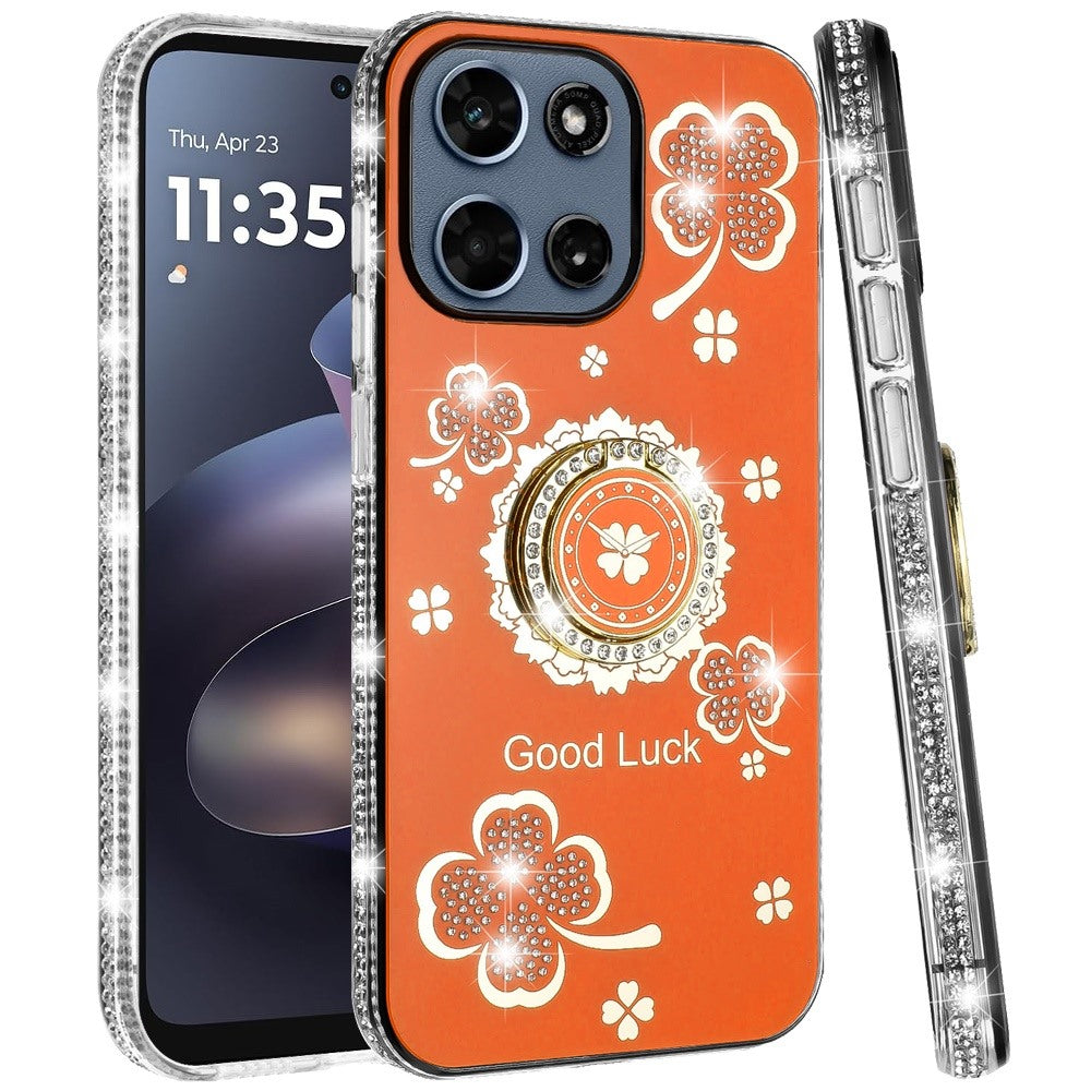 For Motorola Moto G 5G 2026/2025 Diamonds Bling All Around Edges Sparkly Glitter Hybrid with Ring Stand Holder Fashion Good Luck Case Cover Cosmic Orange