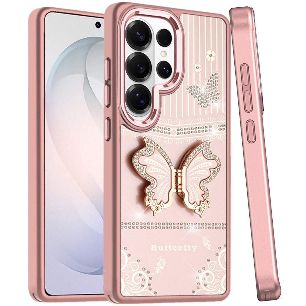 For Samsung Galaxy S26 Ultra Glitter 3D Butterfly Design Bling Metallic Edge Hybrid Stand Drop Protection TPU Shockproof Case Cover