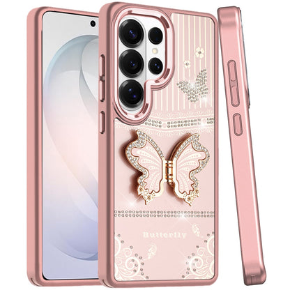 For Samsung Galaxy S26 Ultra Glitter 3D Butterfly Design Bling Metallic Edge Hybrid Stand Drop Protection TPU Shockproof Case Cover