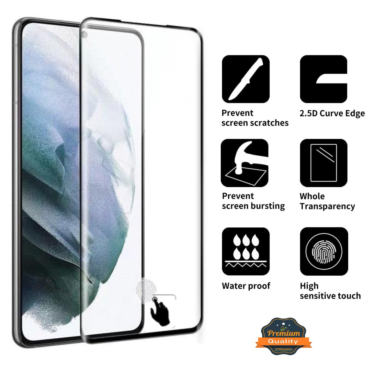 For Samsung Galaxy S21 Tempered Glass Screen Protector Supports Fingerprint Recognition, Case-Friendly, HD Clarity Protector Clear Black