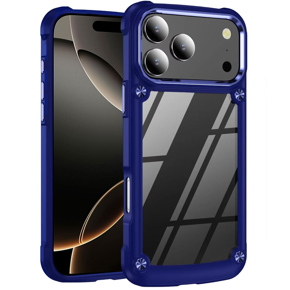 For Apple iPhone 17 Pro Hybrid Transparent Rubber with Metal Buttons & Camera Edges Hard TPU Corner Frame Bumper Case Cover
