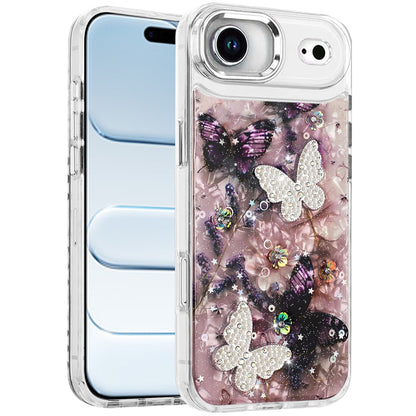 For Apple iPhone 17 Air (6.6") Epoxy Glitter Flowers Bling 3D Butterfly Fashion TPU Hybrid with Shockproof Protection Case Cover