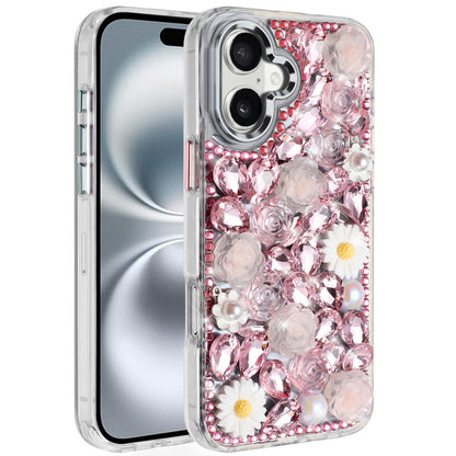 For Apple iPhone 16 (6.1") Fashion Daisy Floral Series, Full 3D Bling Crystal Diamonds Sparkling Rhinestone Glitter Hybrid Design Case Cover Pink