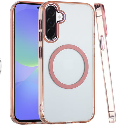 For Samsung Galaxy A37 Transparent Back Hybrid Case - Magnetic Circle, Color Frame, Metal Buttons, MagSafe Compatible Case Cover Rose Gold