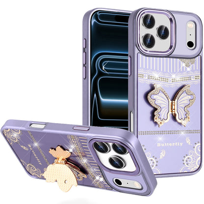 Phone Case for Apple iPhone 17 Pro Max (6.9") Glitter Bling Butterfly Stand Metallic Edge Hybrid Shockproof Grip Durable Camera Protection Stylish Design Cover Dark Purple