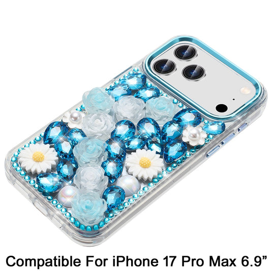 Phone Case for Apple iPhone 17 Pro Max Full Bling Rhinestone Glitter Floral Luxury Hybrid Shockproof Stylish Sparkling Protective Designer Ornament Cover Blue