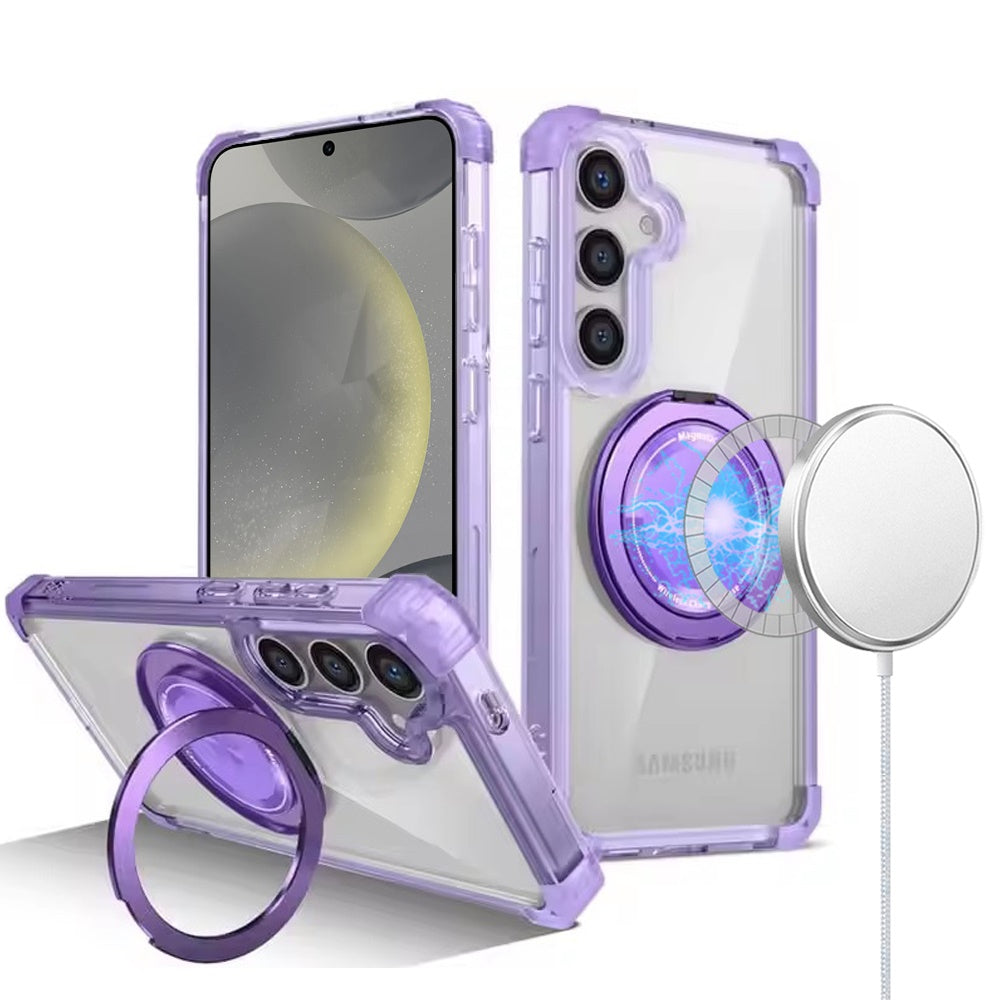 For Samsung Galaxy S25 /S24 Shield Magnetic Case [Compatible with MagSafe], 360° Rotatable Invisible Ring Stand, Transparent Back Case Cover