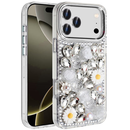 Phone Case for Apple iPhone 17 Pro Max (6.9") Full Bling Rhinestone Glitter Floral Luxury Hybrid Shockproof Stylish Sparkling Protective Designer Ornament Cover White