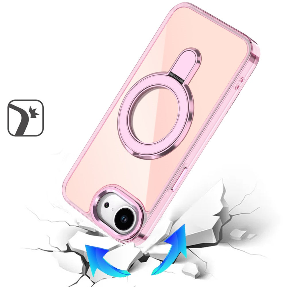 For Apple iPhone 16e Chrome Hybrid with Rotating Magnetic Circle Ring Stand, Slim Shockproof Hybrid Case Cover
