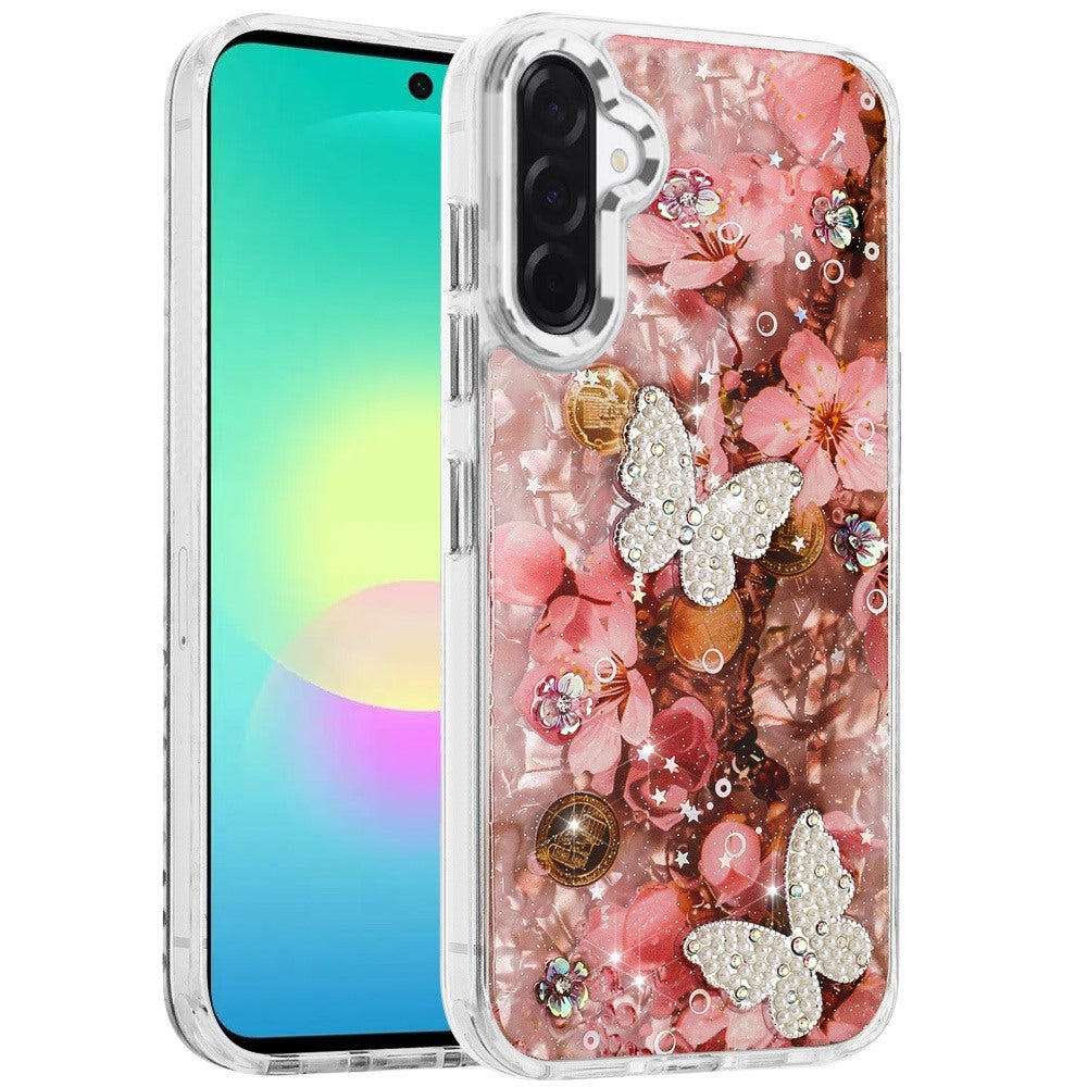 Phone Case for Samsung Galaxy A27 Glitter Butterfly Design Metal Buttons Shockproof Hybrid TPU + PC Durable Protective Slim Grip Stylish Cover