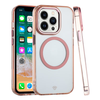 For Apple iPhone 16 Pro Max (6.9") Transparent Hybrid Circle Ring Magnetic Compatible with MagSafe Color Frame Metal Buttons Case Cover