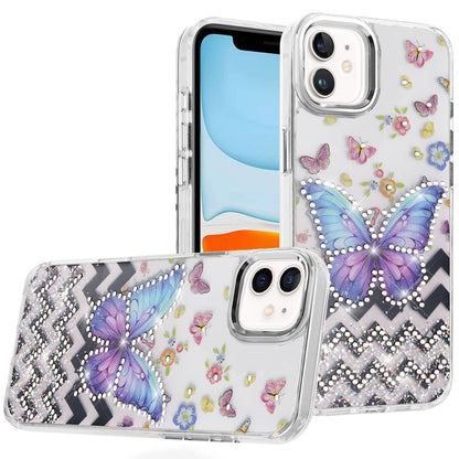 For Apple iPhone 17E /16E Butterfly Resin Epoxy Diamond Design Metal Edged Hybrid Shockproof Heavy Duty Drop Protection Case Cover