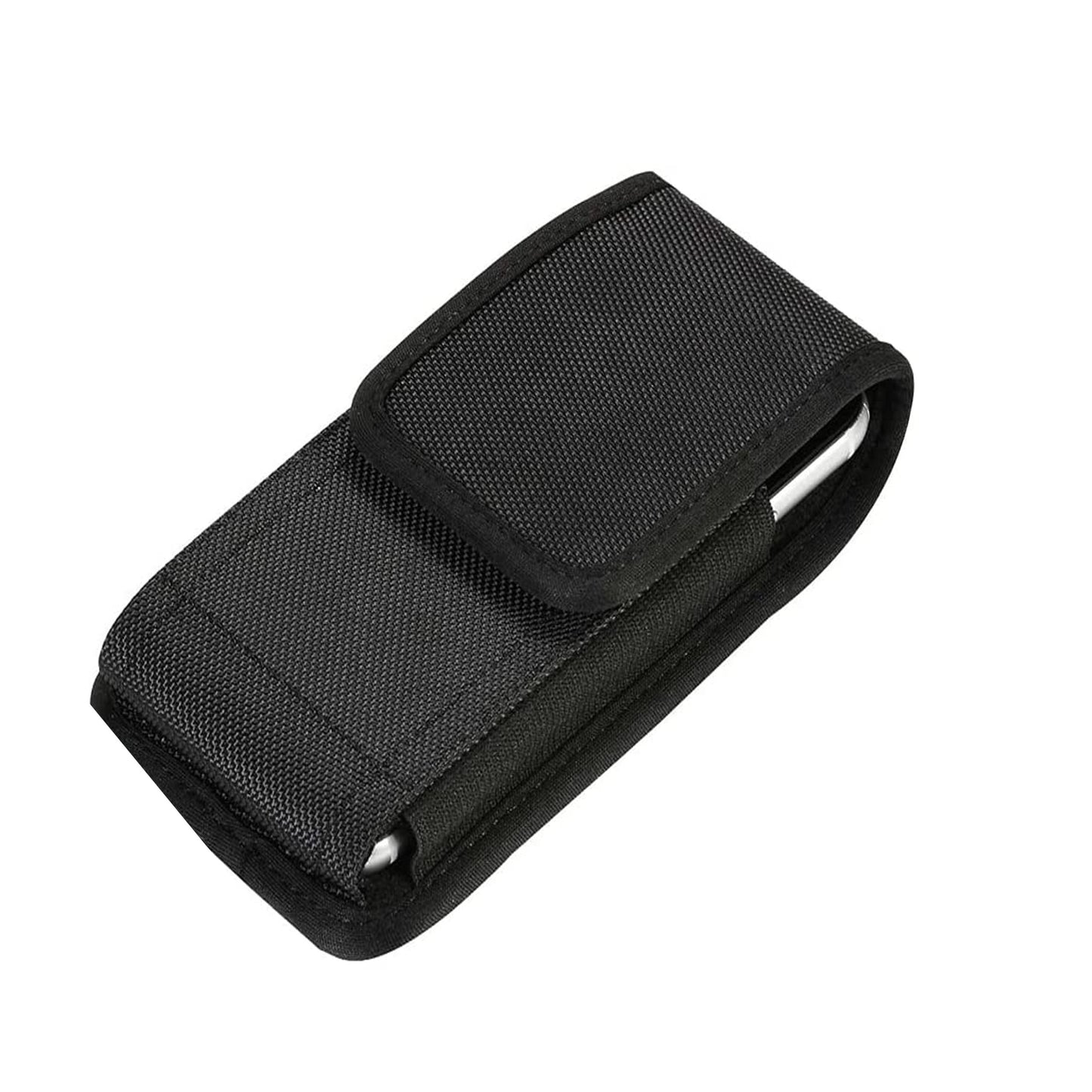 For Apple iPhone 16 (6.1") Nylon Canvas Fabric Waist Belt Holster Vertical Pouch Holds Large Phone Works with Thick Cases Universal Cover [Black]