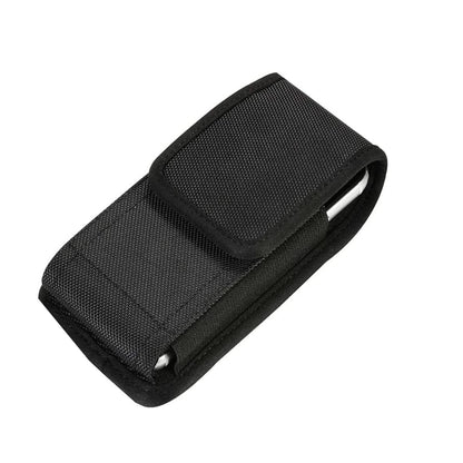 For Apple iPhone 16 (6.1") Nylon Canvas Fabric Waist Belt Holster Vertical Pouch Holds Large Phone Works with Thick Cases Universal Cover [Black]