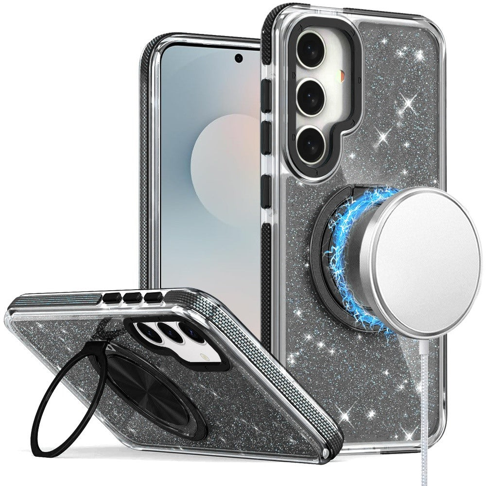 For Samsung Galaxy S25 FE /S25 Fan Edition Slim Bling Glitter Sparkly Shimmer Hybrid with Magnetic Ring and 360° Rotational Stand [Compatible with Magsafe] Case Cover Gold