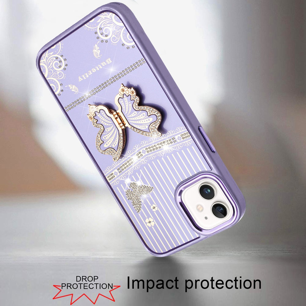Phone Case for Apple iPhone 11 Glitter Bling Butterfly Stand Metallic Edge Hybrid Shockproof Grip Durable Camera Protection Stylish Design Cover Dark Purple