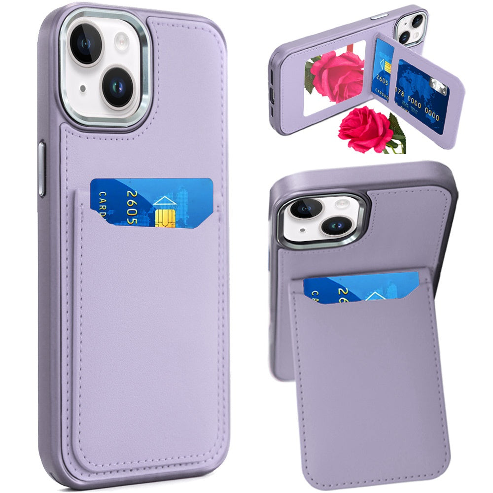 For Apple iPhone 14 /13 PU Leather Wallet Cover with Credit Card Holder, Kickstand & Mirror Inside Slim Fit TPU & PC Hybrid Design Case Cover
