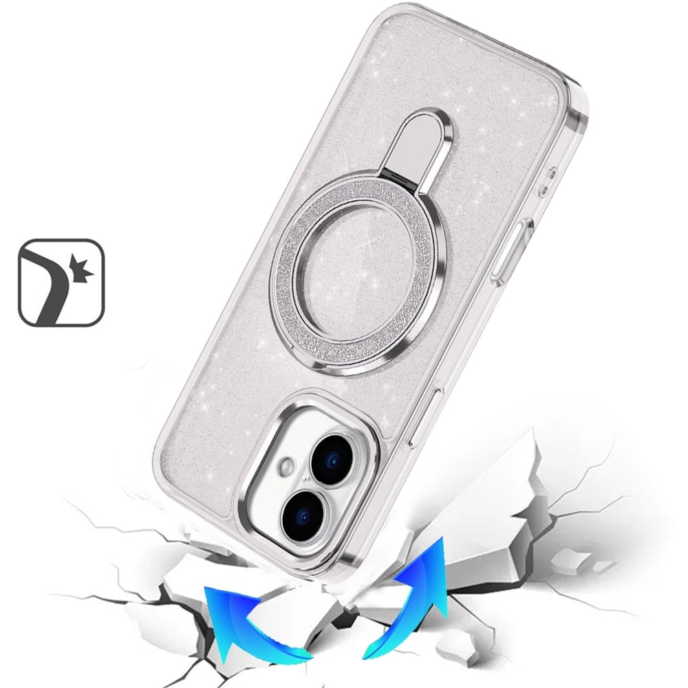 Phone Case for Apple iPhone 18/ iPhone 17 Transparent Glitter Bling Magnetic Ring Stand Shockproof Anti Slip Rotating Grip Protective Hybrid Durable Armor Cover