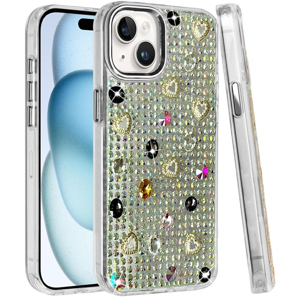 Phone Case for iPhone 15 Chrome Fashion Hybrid Bling Diamond Heart Rhinestone Decorative Stones Sparkling Embellished Design Cover