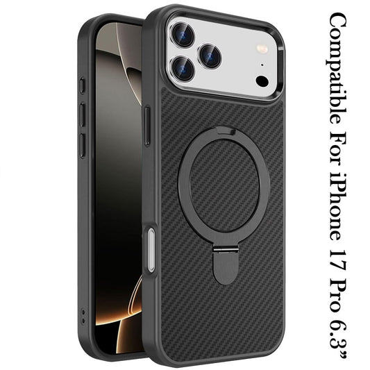 For Apple iPhone 17 Pro (6.3") Hybrid Carbon Fiber Design with MagSafe Compatible [Magnetic Circle], Ring Stand Shockproof Slim TPU Case Cover