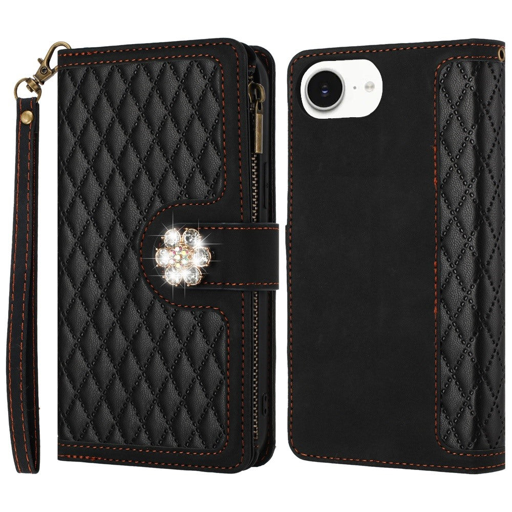 PU Leather Wallet Design Jewel Bling with Credit Card Holder Flip Folio Pouch Zipper Purse Wrist Strap