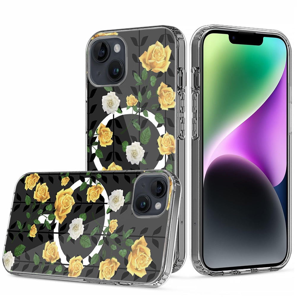 Phone Case for iPhone 14/13 Hybrid Flower Design Stylish Fashion with MagSafe Compatible, Thick Shockproof Hard PC Cover Yellow