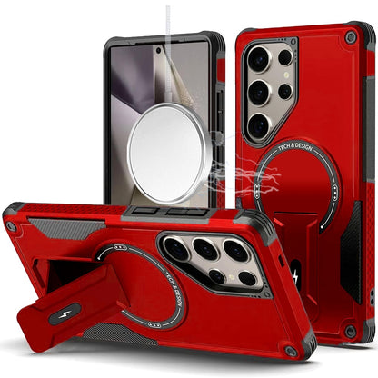 Phone Case for Galaxy S25 Ultra Magnetic Kickstand Rugged Shockproof Armor Grip Anti Slip Heavy Duty Protective Matte Stand Hybrid Cover Red