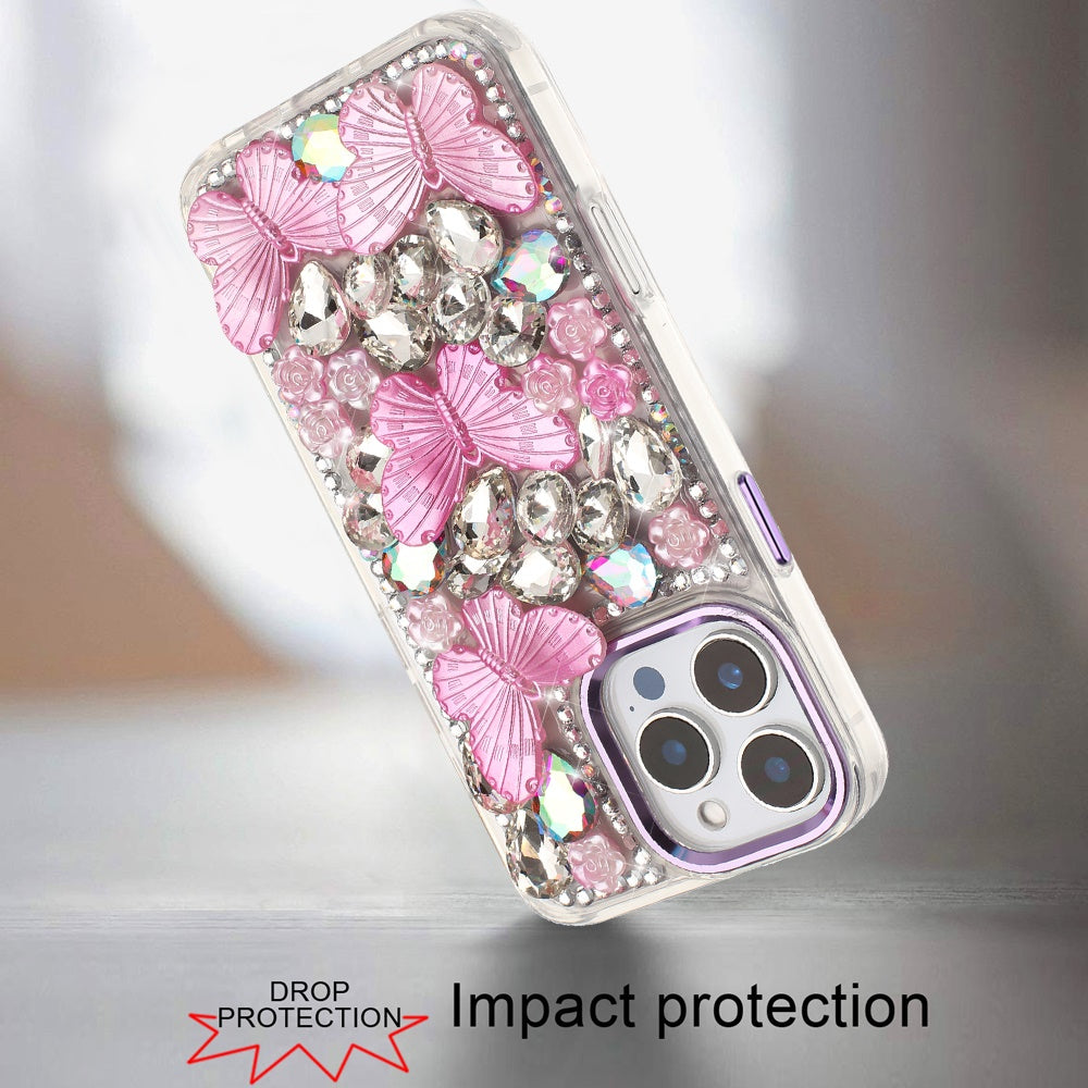 Phone Case for Apple iPhone 16 Pro Max Luxury 3D Floral Butterfly Bling Rhinestone Glitter Shockproof Stylish Protective Hybrid Designer Metallic Cover Purple