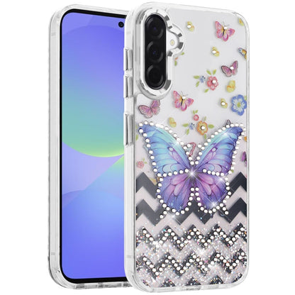 For Samsung Galaxy A37 Butterfly Resin Epoxy Diamond Design Metal Edged Hybrid Shockproof Heavy Duty Drop Protection Case Cover