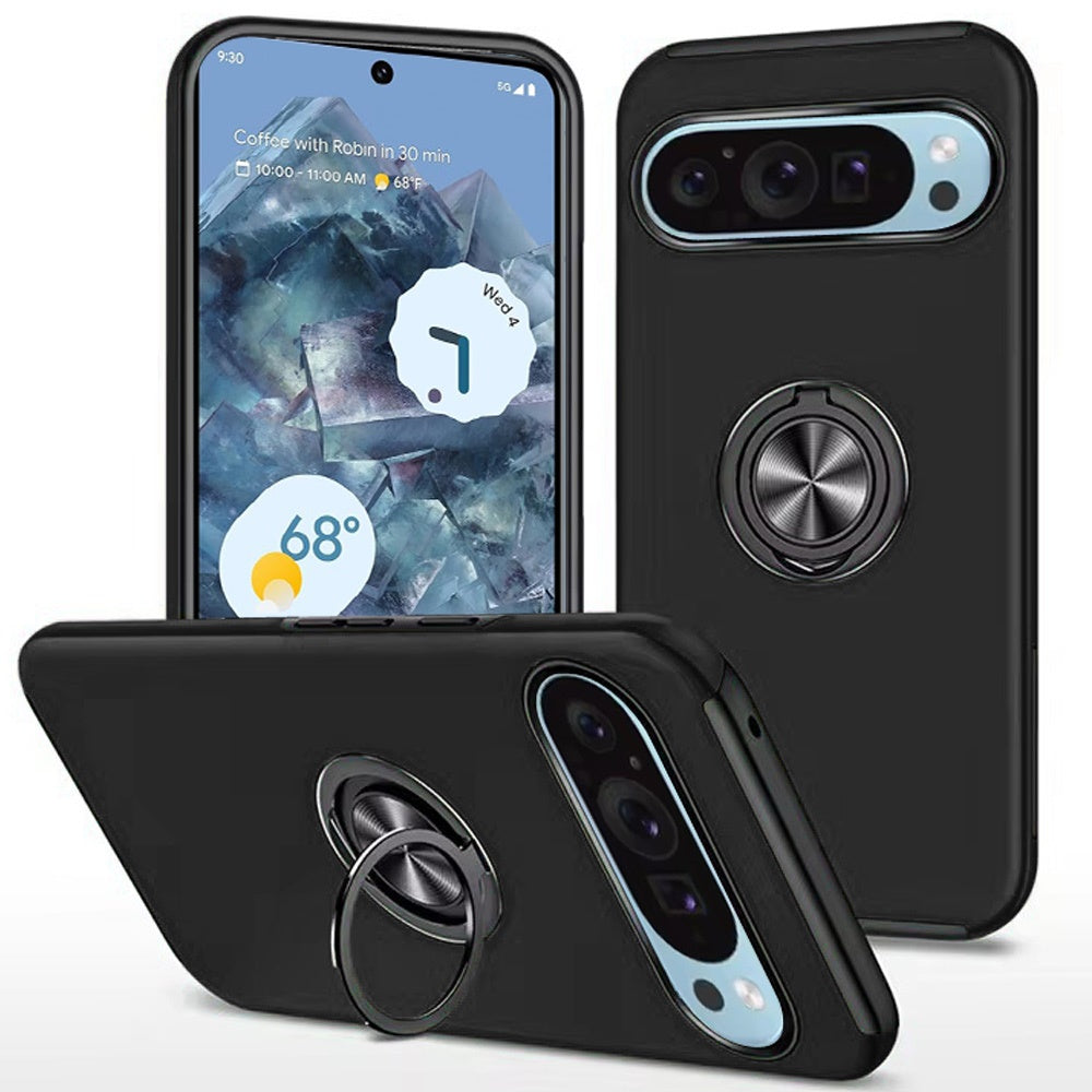 For Google Pixel 9 Pro XL Hybrid 360 Degree Rotatable Metal Invisible Ring Stand Holder Slim Fit Magnetic Car Mount Shockproof Case Cover Black