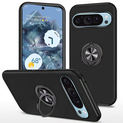 For Google Pixel 9 Pro XL Hybrid 360 Degree Rotatable Metal Invisible Ring Stand Holder Slim Fit Magnetic Car Mount Shockproof Case Cover Silver