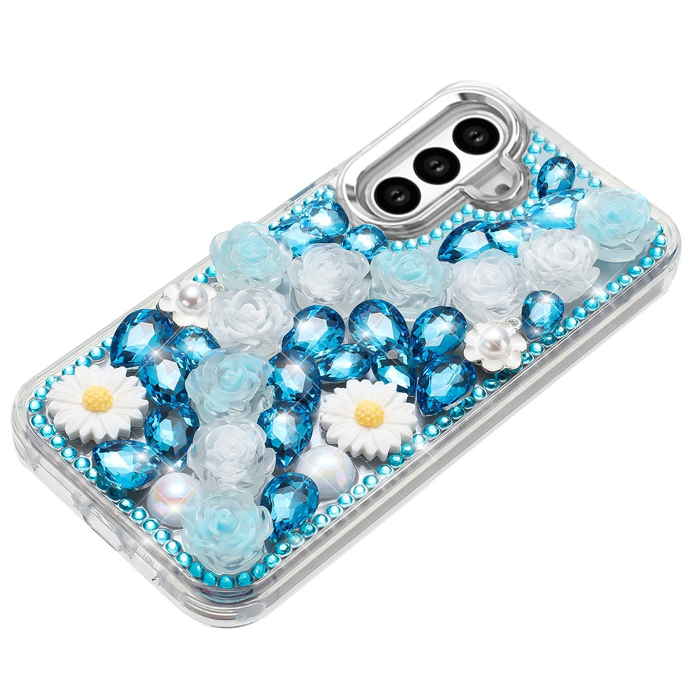 For Samsung Galaxy S25 Plus /S25+ /S24/Plus Fashion Daisy Floral Series, Full 3D Bling Crystal Diamonds Sparkling Rhinestone Glitter Hybrid Design Case Cover