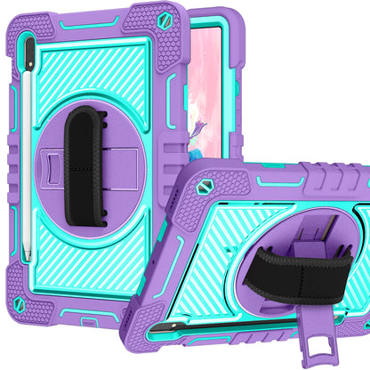 For Hybrid 3in1 Multi-Functional Shockproof Tablet Case with Hand, Shoulder Strap, Pencil & Stand Holder Purple Teal Tablet Case Cover
