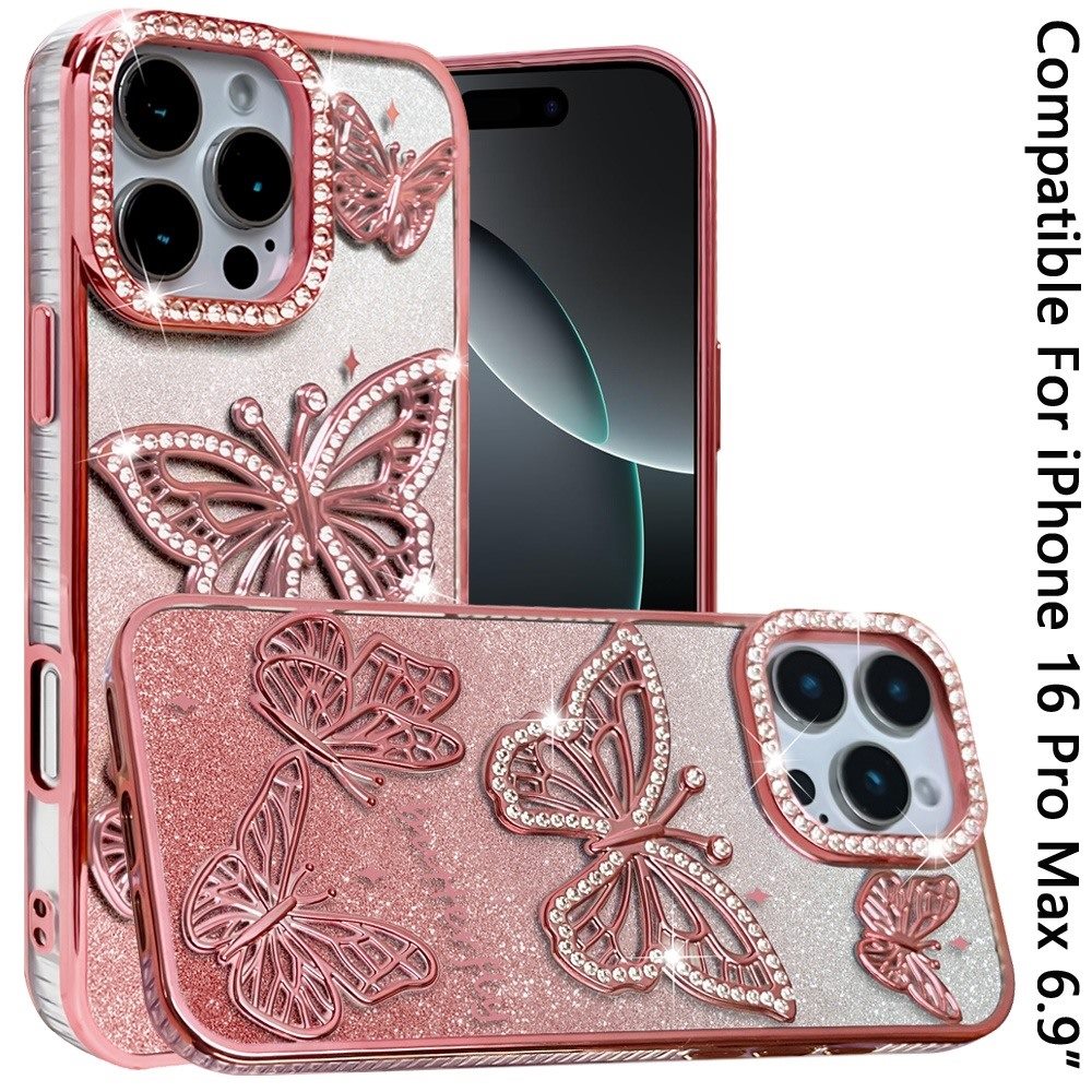 Phone Case for Apple iPhone 16 Pro Max Butterfly Freedom Shimmer Glitter Thick TPU Shockproof Anti Slip Durable Protective Design Cover