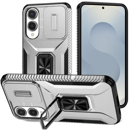 For Apple iPhone 16e Case, Camera Cover with Magnetic Rotation Ring Stand, Military Grade Hybrid Hard TPU Shockproof Case Cover Silver