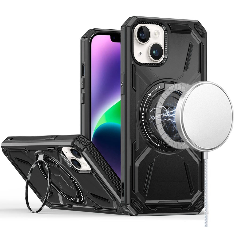 For Apple iPhone 15 Hybrid Magnetic Ring and 360° Rotational Kickstand with MagSafe Compatible, Military Grade Drop Protection Case Cover