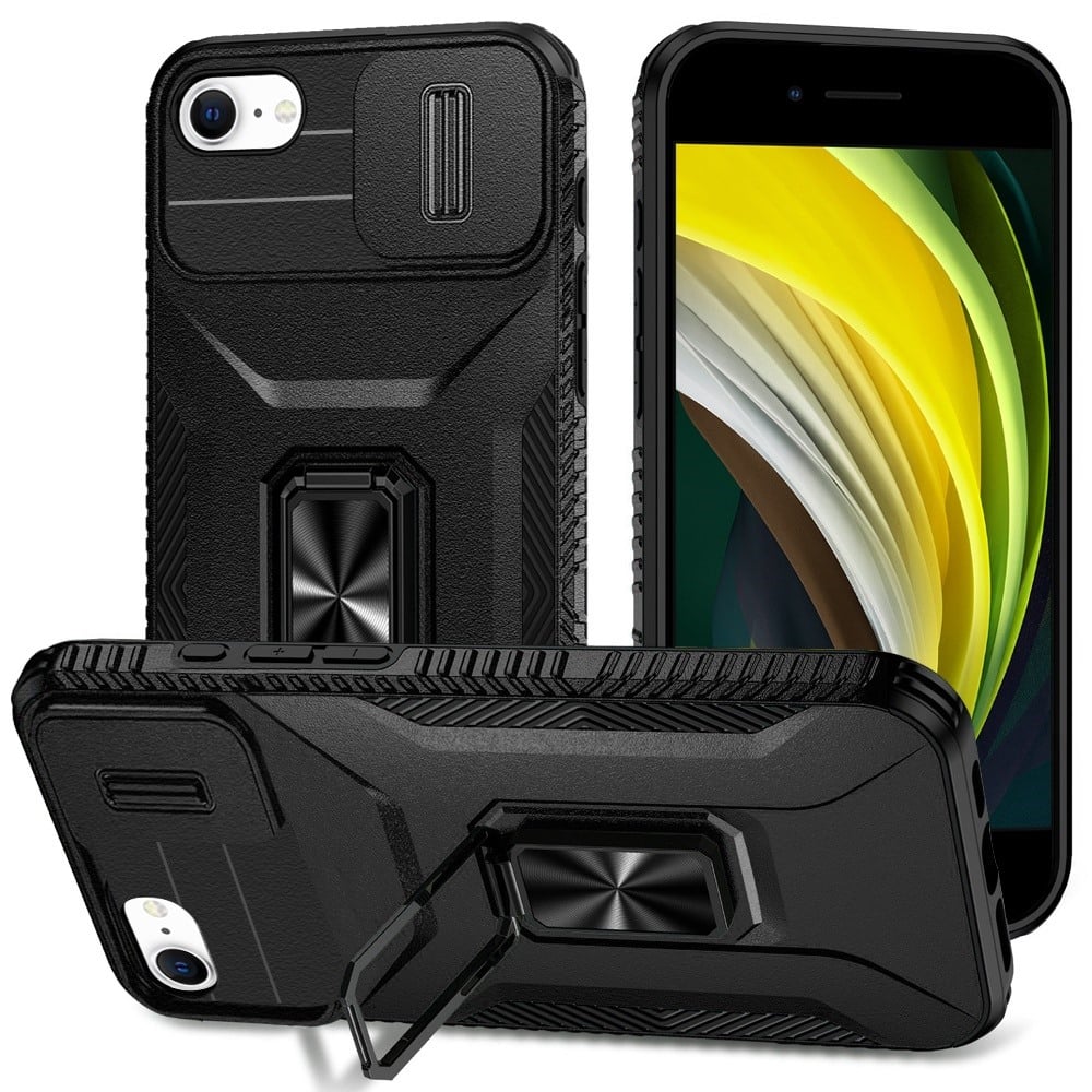 Phone Case for Apple iPhone SE 3 (2022) SE/8/7 Magnetic Ring Stand Camera Protection Shockproof Heavy Duty Kickstand Rugged Grip Anti Scratch Hybrid Cover Black