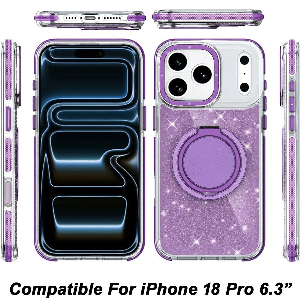 Phone Case for Apple iPhone 18 Pro Magnetic Hybrid 360 Rotating Ring Kickstand Tough Hard PC Soft TPU Glitz Shimmer Glitter Shock Absorbing Cover